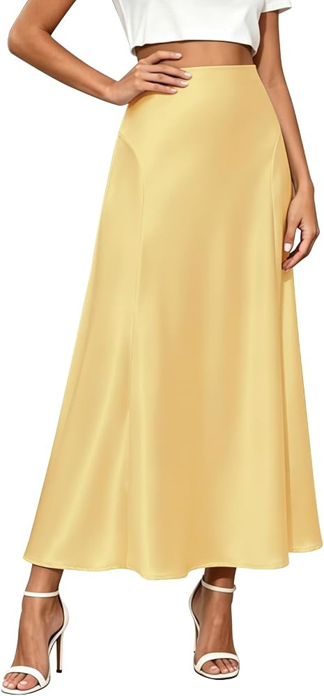 Womens Satin Silk Maxi Skirts A Line Flowy Spring Fall Long Skirt | Amazon (US)