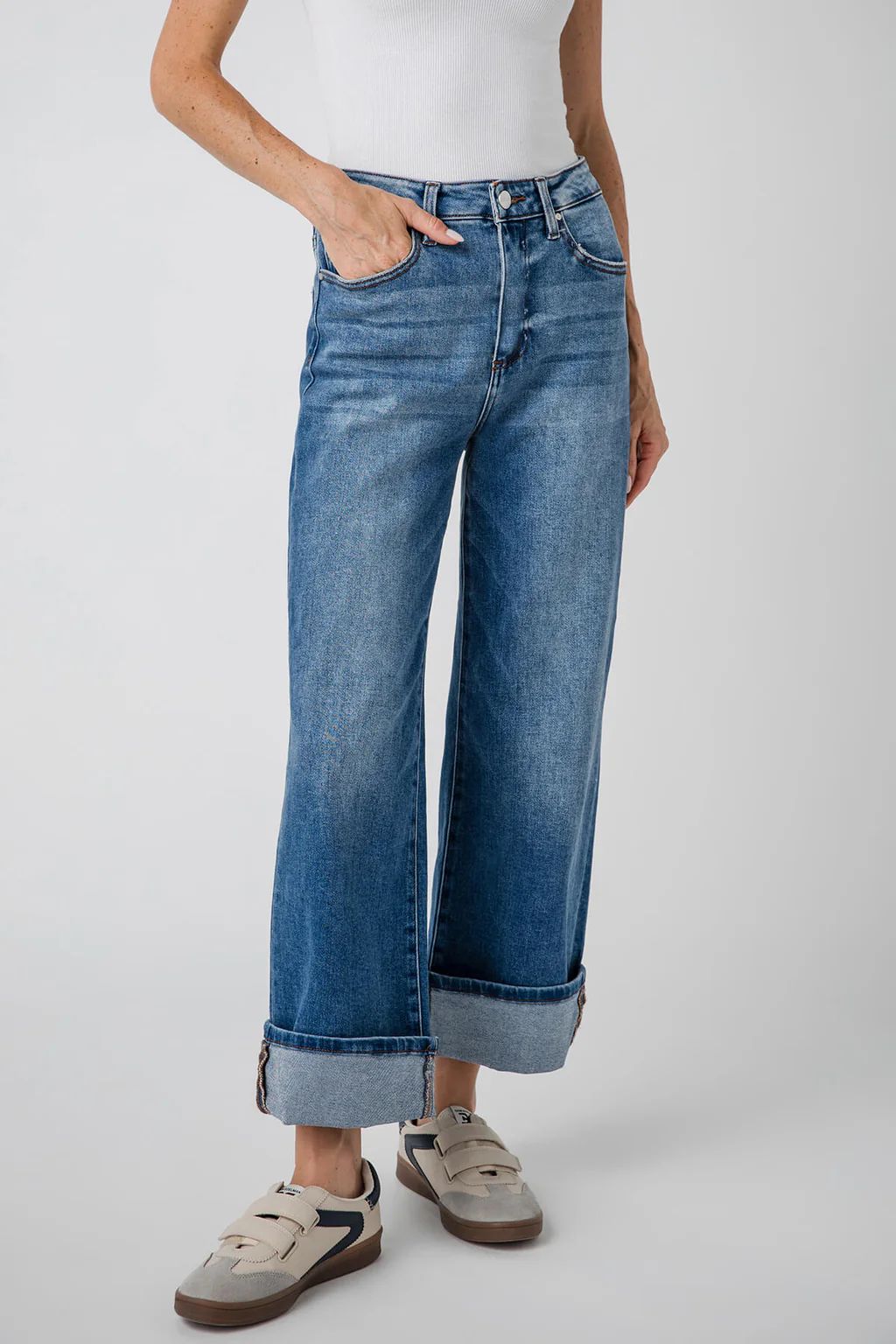 Risen Phoebe High Rise Crop Wide Leg Cuffed Jeans | Social Threads