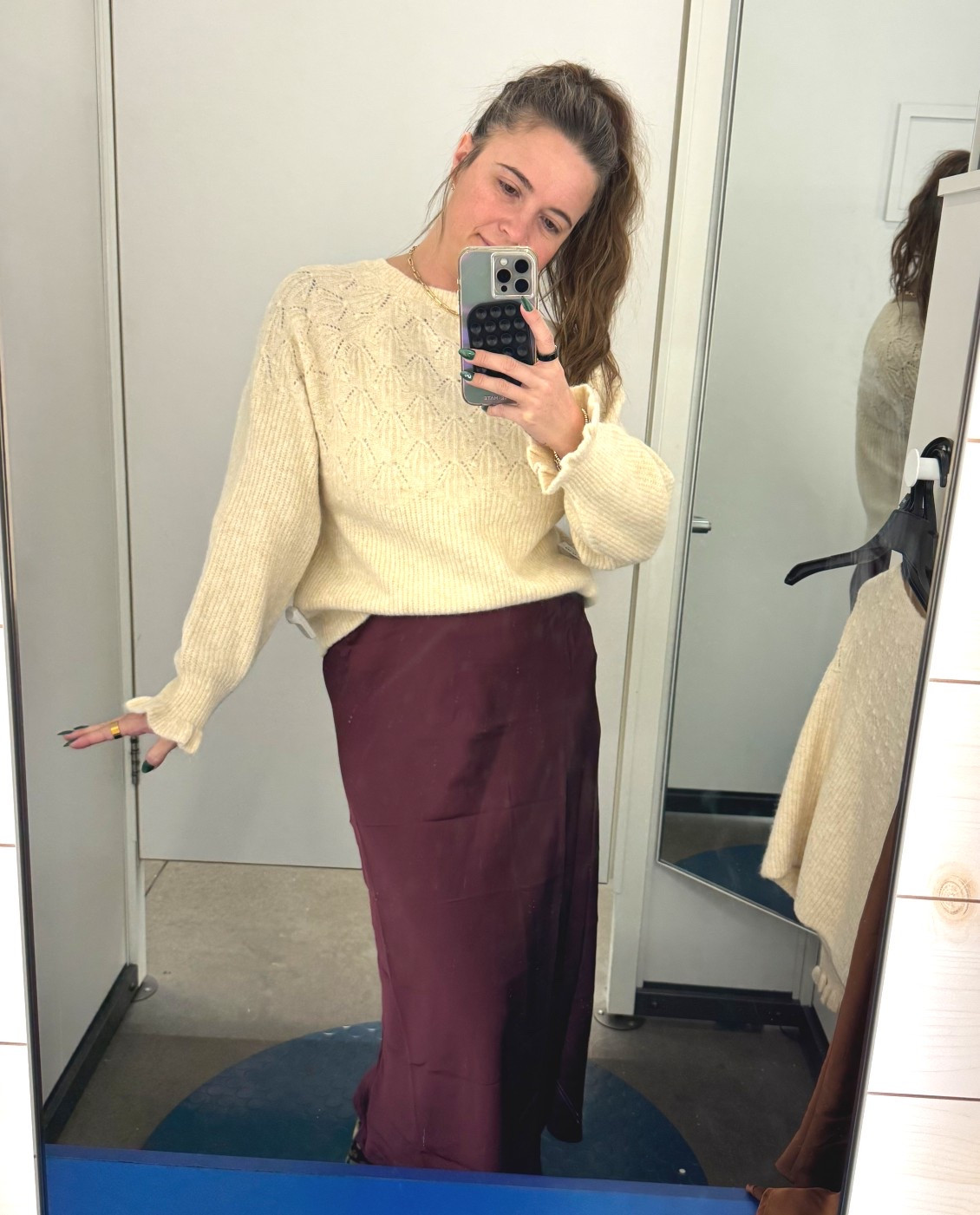 Ran into @oldnavy for a last minute holiday outfit. They had so many choices. This was one of my favorite sweaters. It had fun detailing and the cutest detail around the wrist to give a more elevated look. I paired it with a merlot satin skirt for a quick and easy holiday outfit win. The best part, the whole outfit was under $100. #holidayootd #holiday #oldnavy

#LTKootd #LTKHoliday #LTKmomlife