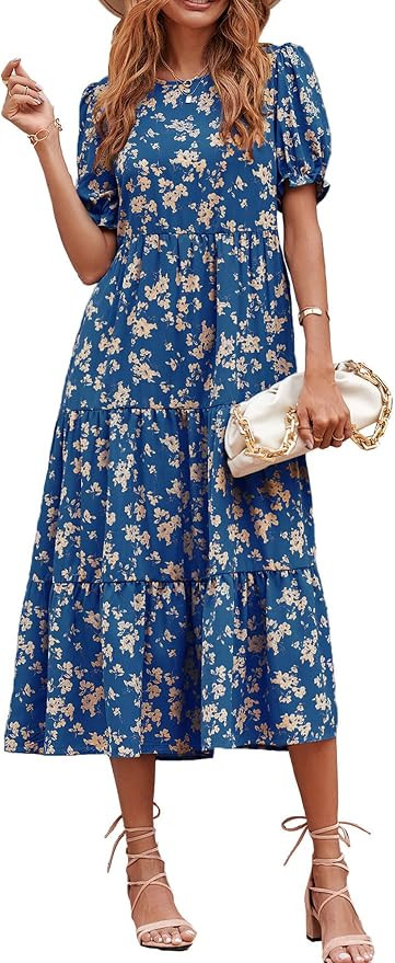 PRETTYGARDEN Women's Short Sleeve Midi Floral Dress | Amazon (US)
