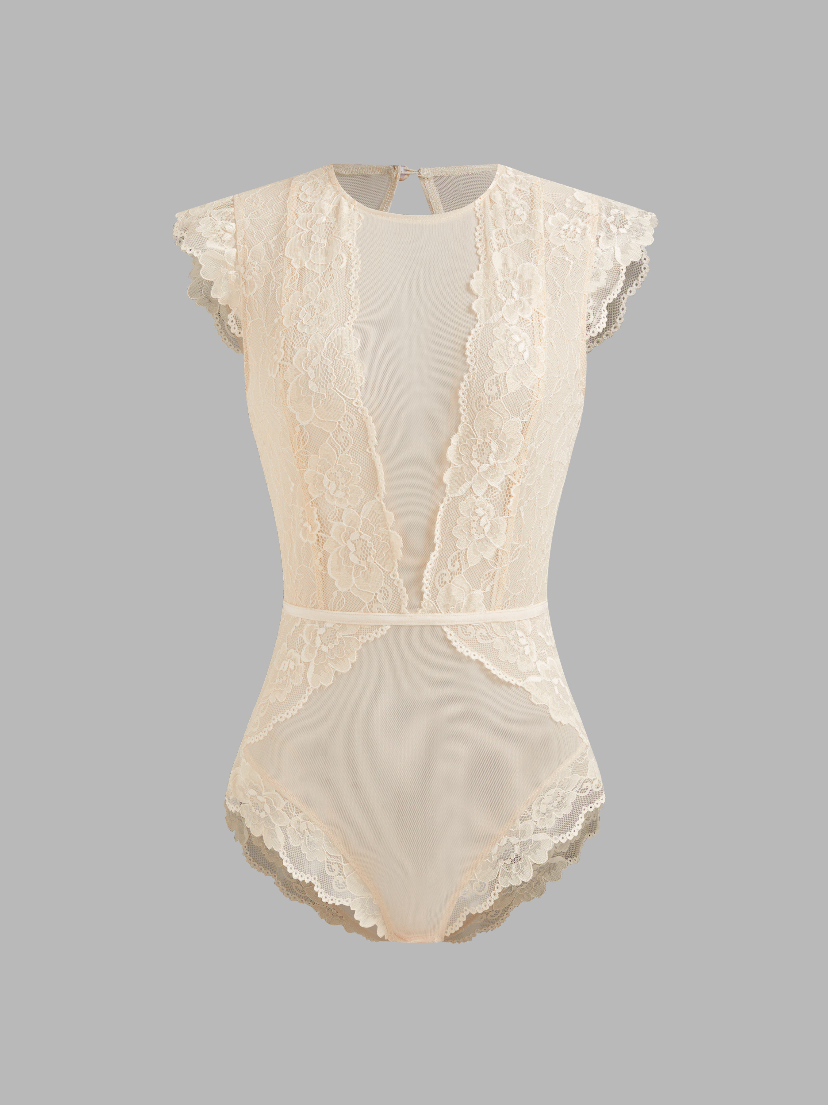 Lace Round Neckline Solid Cut Out See-through Bodysuit | Cider