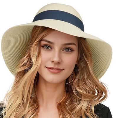 Anna-Kaci Wide Brim Straw Sun Hat with Black Ribbon Bow Adjustable Chin Strap Inner Sweatband for Outdoor and Travel Use - Beige | Target