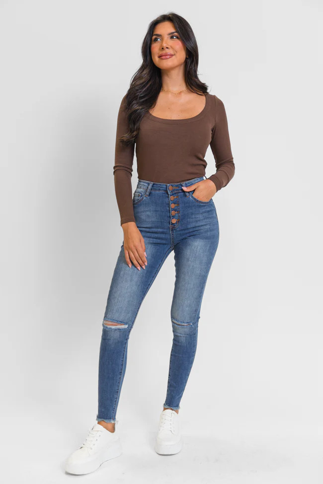 Chelsie Medium Wash Busted Knee Tall Skinny Jeans SALE | Pink Lily