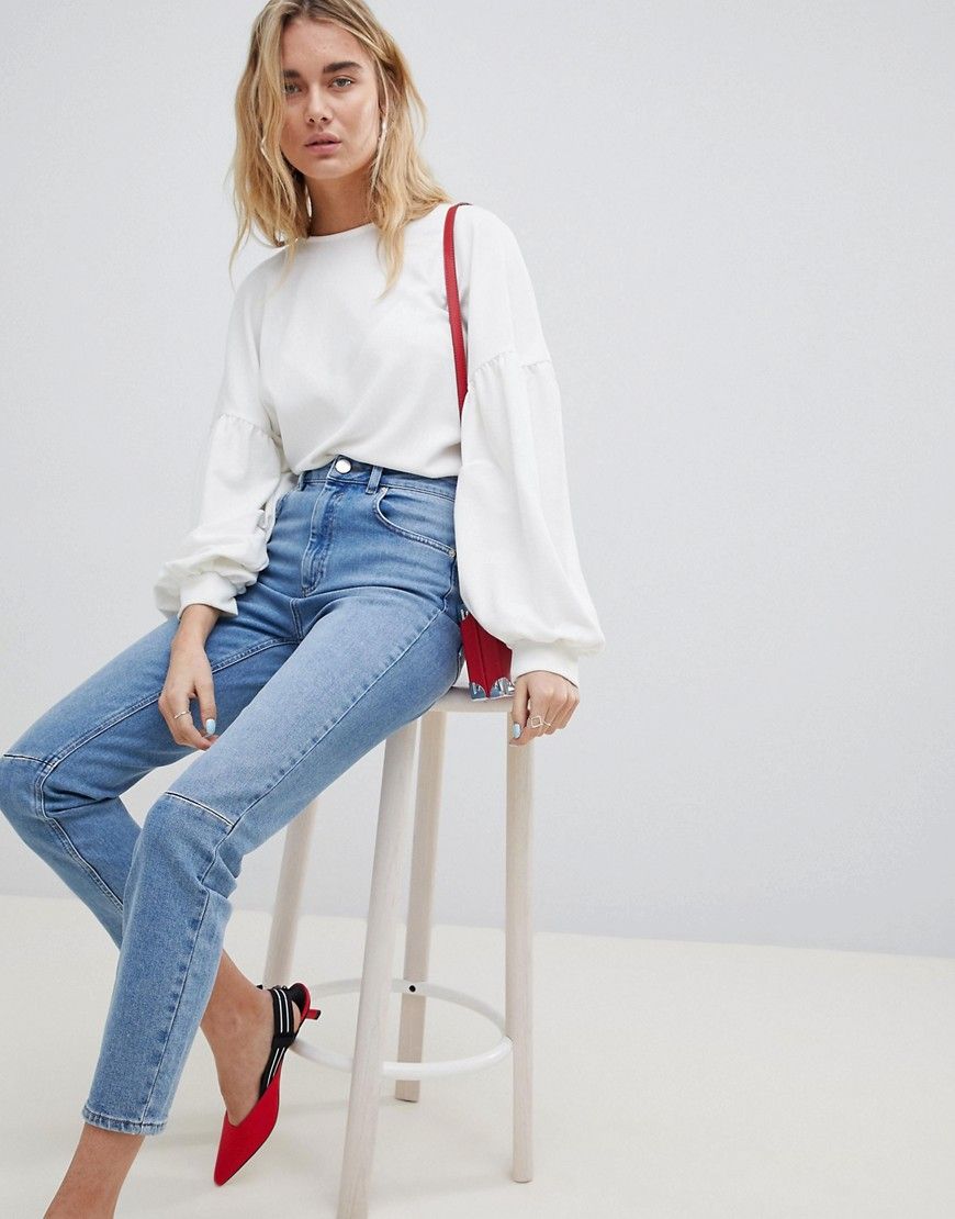ASOS DESIGN Farleigh High Waist Slim Mom Jeans In Mid Wash With Knee Seam Detail | ASOS UK