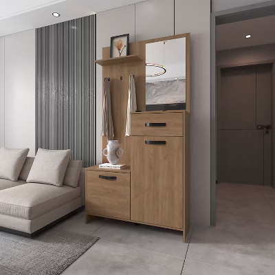 Okak Modern Hall Tree with 3 Hooks and Mirror, Freestanding Coat Rack with Ample Storage, Coat Tree for Living Room, Bedroom, Light Oak | Target