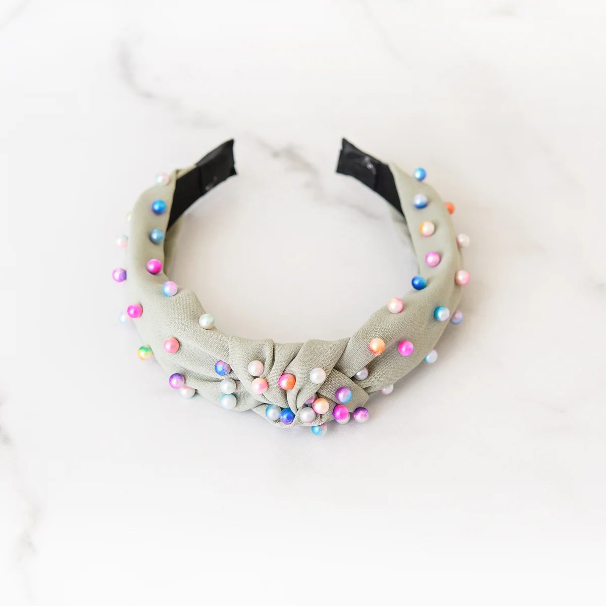 Green Headband with Rainbow Ombre Pearls | Golden Thread