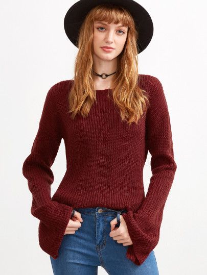 Burgundy Bell Sleeve Slouchy Sweater | SHEIN