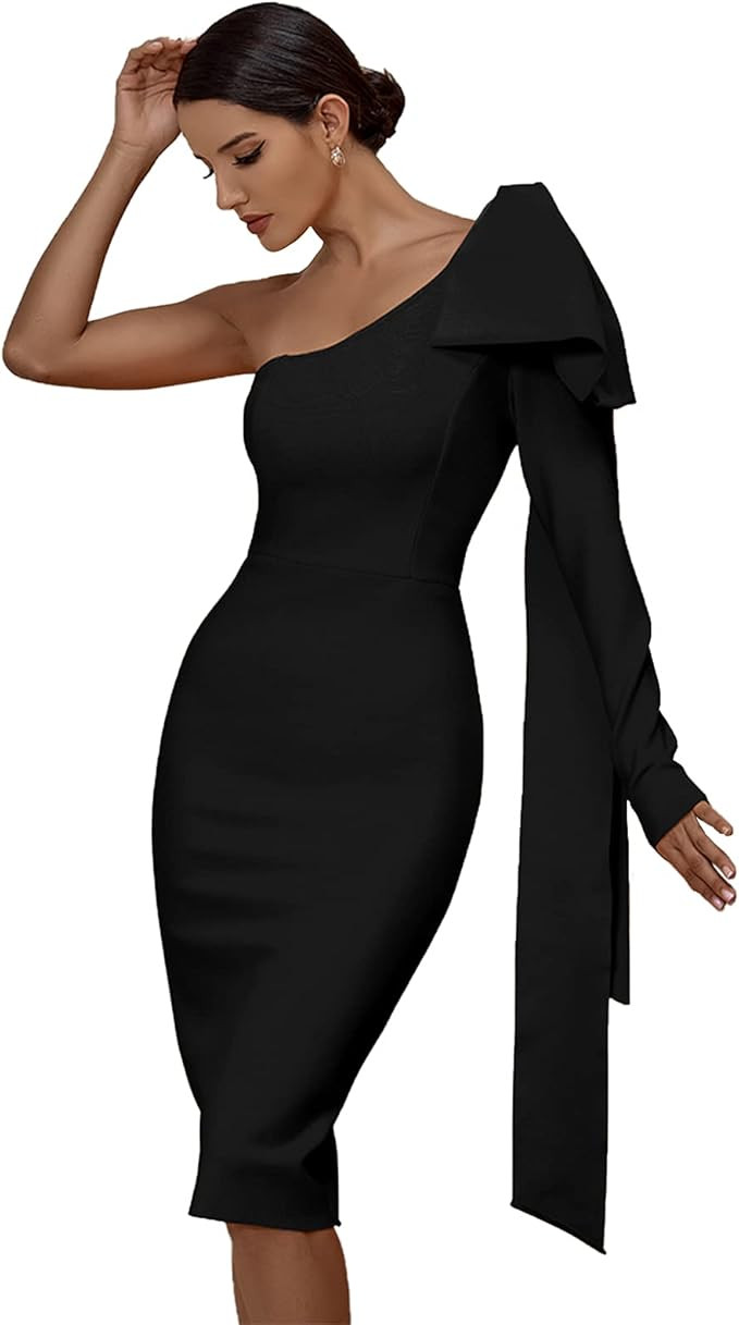 Maketina Womens One Shoulder Ruffle Long Sleeve Bandage Dress Club Cocktail Dresses | Amazon (US)