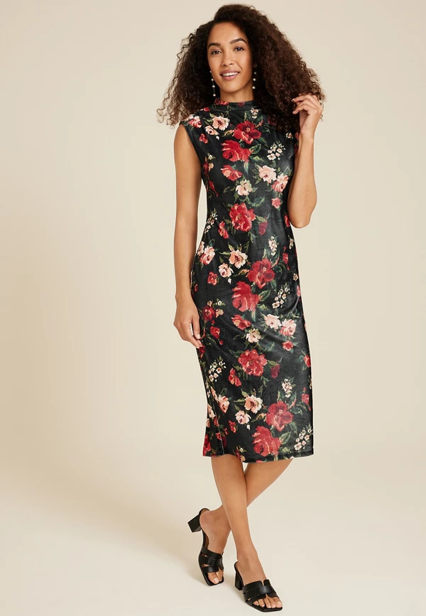 Bare Floral Velvet Mock Neck Dress | Maurices