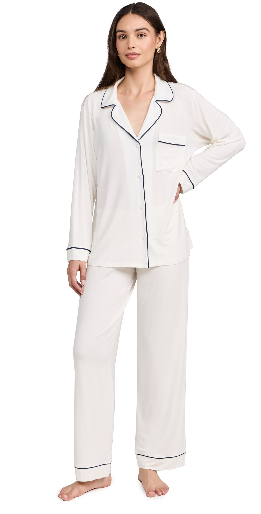 Eberjey Gisele The Long Pajama Set Pure Ivory/Navy XXL | Shopbop