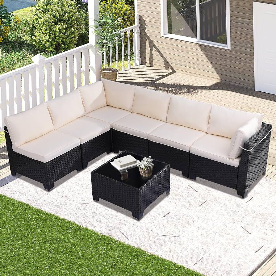 7 Piece Outdoor Patio Furniture Set, Rattan Chairs Glass Table Wicker Conversation Seating Sectio... | Amazon (US)