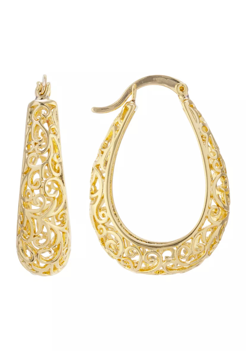 Gold Over Silver Plated 1.2" Filigree Hoop Earrings | Belk