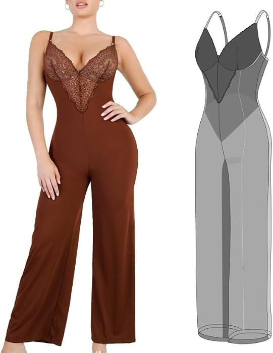 Popilush Lace Shapewear Jumpsuit for Women Built In Shapewear Backless V Neck Flare leggings Spag... | Amazon (US)