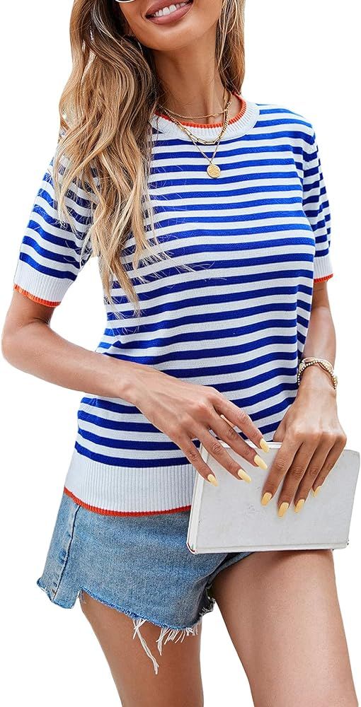 Verdusa Women's Frenchy Striped Short Sleeve Pullover Knit Top Round Neck Colorblock Sweater | Amazon (US)