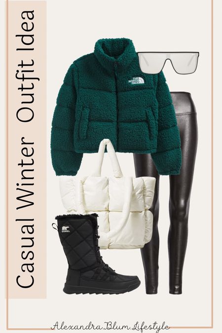 Casual winter outfit idea!! The north face puff Sherpa jacket, black leather leggings, white puff tote bag, black winter boots, and wide sunglasses!! More winter outfits on my page!! 

#LTKSeasonal #LTKshoecrush #LTKunder100