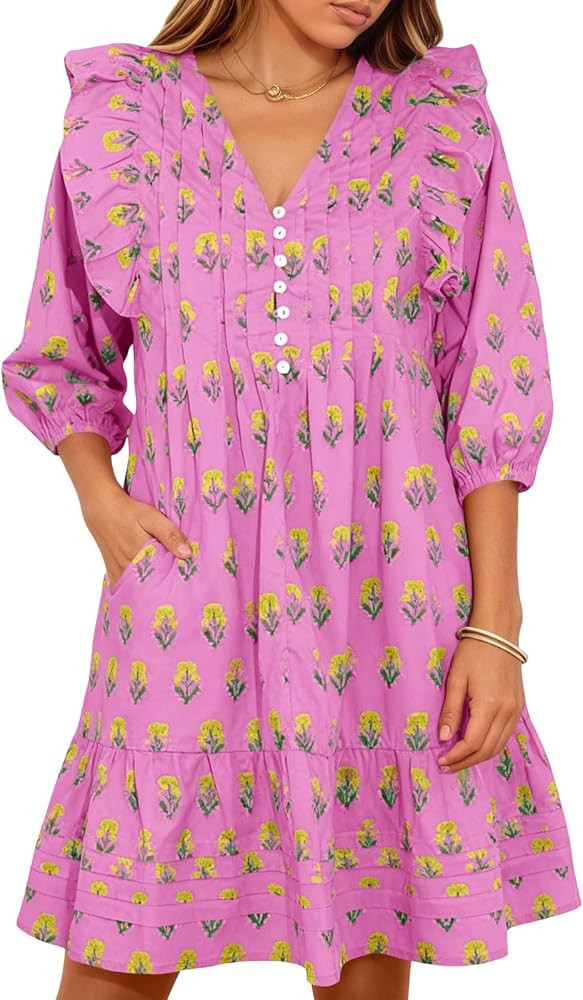 Wenrine Womens Mini Dresses Casual Ruffle 3/4 Lantern Sleeve Floral V Neck Loose Boho Babydoll Dr... | Amazon (US)