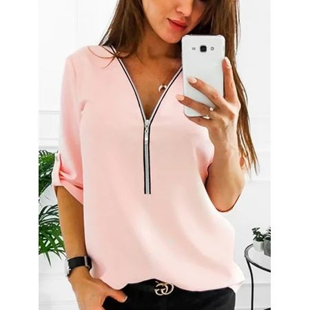 Oversized Women Plus Size Office Zipper V Neck Blouses Shirts Loose Baggy Roll-Up Long Sleeve Zip T- | Walmart (US)
