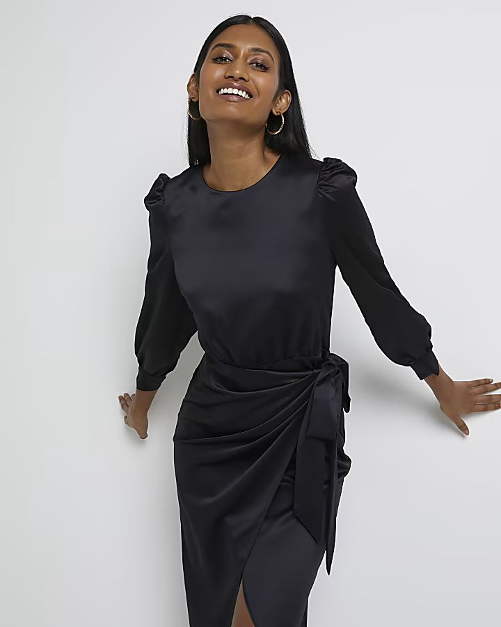 Black satin wrap midi dress | River Island (UK & IE)