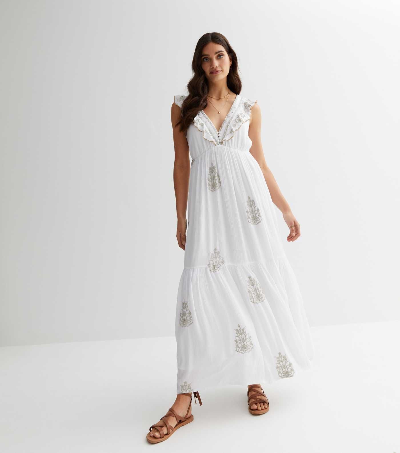 White Embroidered Frill Sleeve Maxi Dress
						
						Add to Saved Items
						Remove from Saved... | New Look (UK)