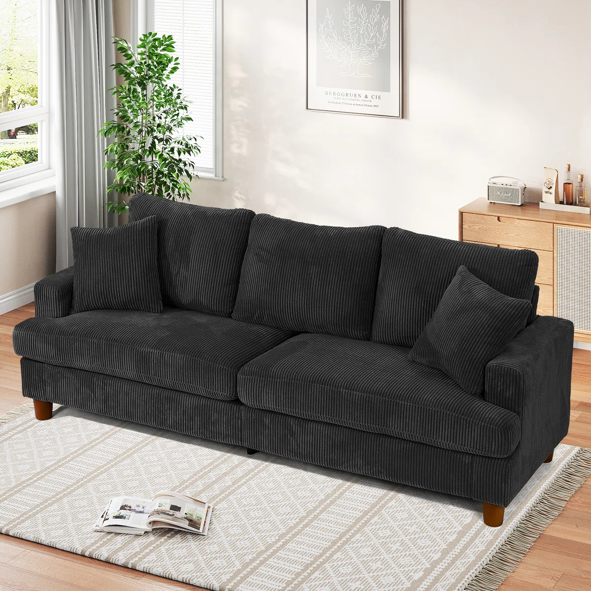 87"Solid Wood Leg Corduroy 3-Person Sofa with 2 Pillows | Wayfair North America