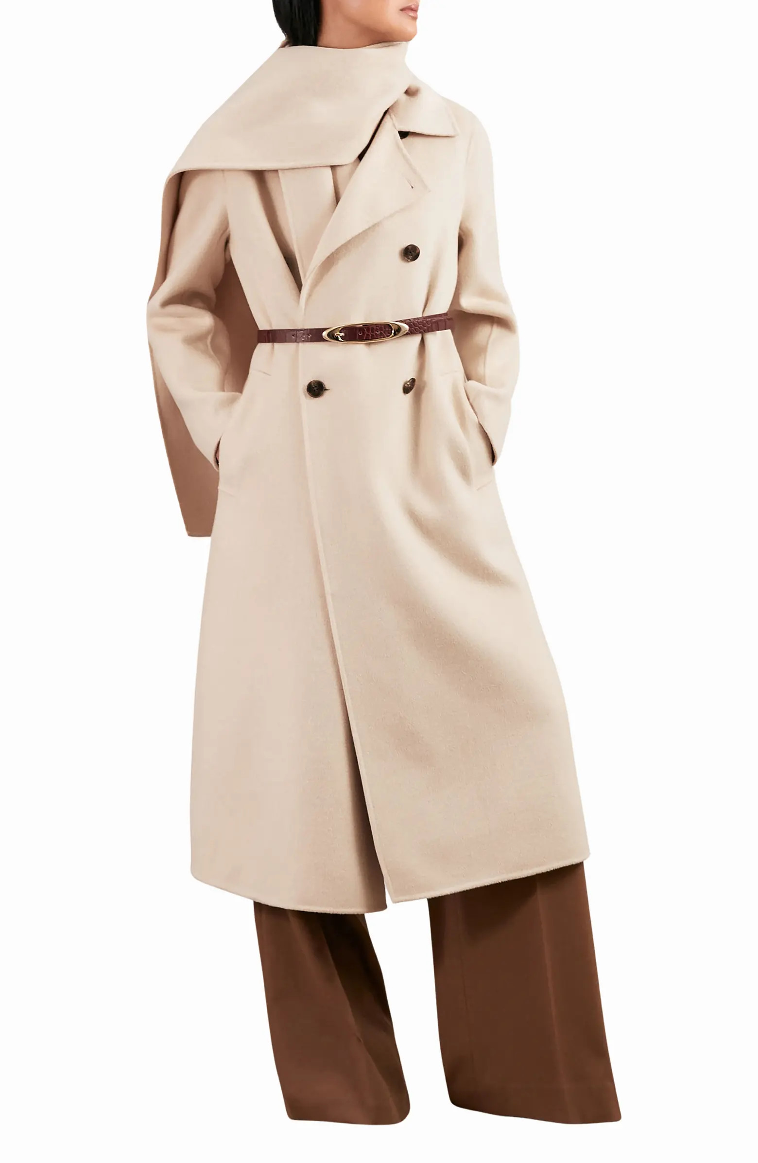 Indira Double Breasted Wool Blend Coat with Scarf | Nordstrom