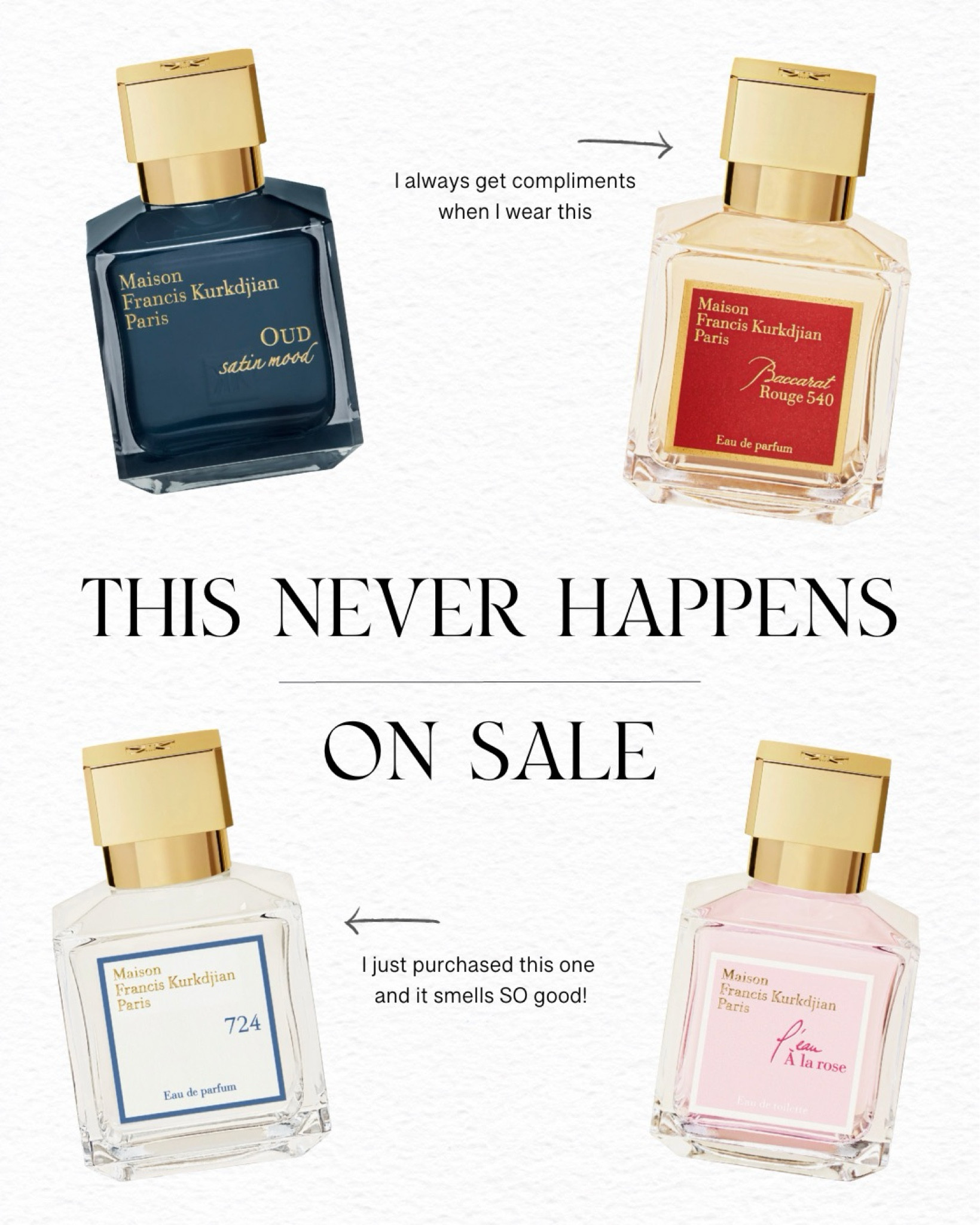 THIS NEVER HAPPENS! Currently these Maison Francis Kurkdjian perfumes are on sale! Whenever I wear this Rouge 540 perfume, I always get asked what perfume I’m wearing. I just purchased the 724 Eau de Parfum and it smells SO good. Lastly, I linked the discovery set bellow if you want to test out the scents. 

#LTKGiftGuide #LTKsalealert #LTKHoliday