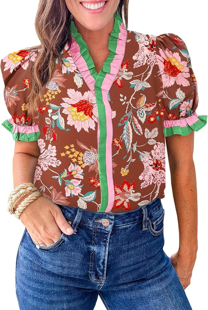 Cicy Bell Womens Summer Floral Print Tops Casual Puff Short Sleeve Ruffle V Neck Button Down Shirts Patchwork Boho Blouses | Amazon (US)