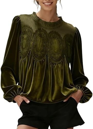 Gozoloma Women's Long Sleeve Velvet Trim Lace Blouse Elegant Flared Swing Top Round Neck Blouse C... | Amazon (US)