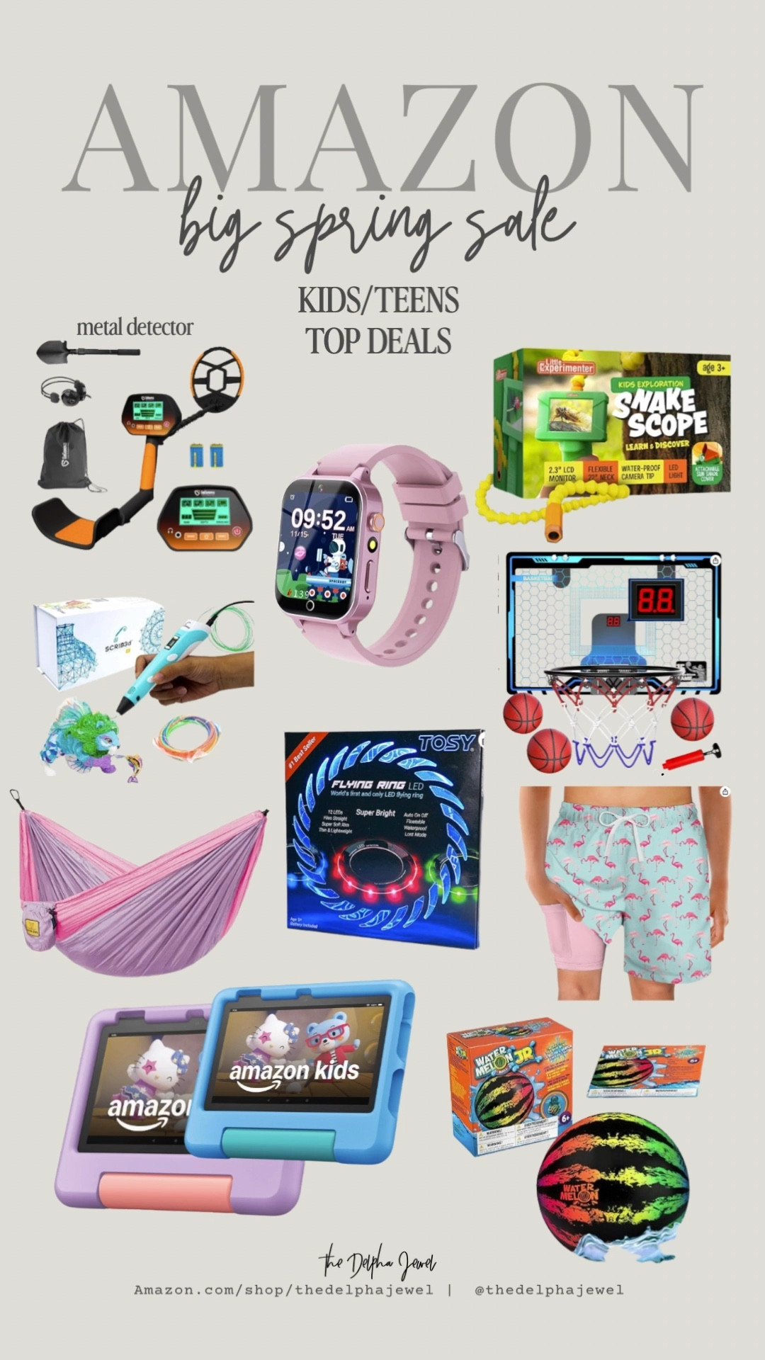 Amazon big spring sale top deals for kids/teens ‼️

Amazon fire tablet, snake scope camera, 3D printing pen, flying ring, smart watch, indoor basketball hoop, swim trunks, watermelon pool ball, camping hammock, metal detector 

#LTKKids #LTKSaleAlert