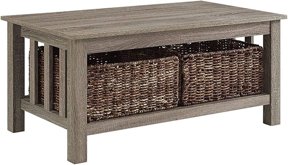 Walker Edison Alayna Mission Style Two Tier Coffee Table with Rattan Storage Baskets, 40 Inch, Dr... | Amazon (US)
