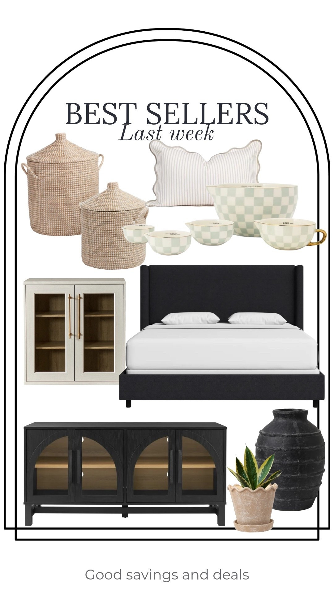 Here are some best sellers from last week. The Hanson upholstered bed from Wayfair is on sale right now and so beautiful. Display cabinets and arch tv stand. Checkered measuring bowls. Seagrass storage baskets with lids. Planter, vase and outdoor throw pillow.

#LTKSaleAlert #LTKHome #LTKSeasonal