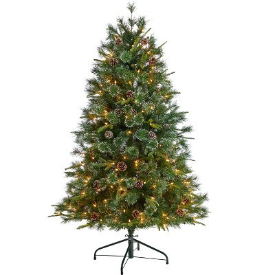 Nearly Natural 4-ft Snowed Tipped Clermont Mixed Pine Artificial Christmas Tree with 200 Clear Lights, Pine Cones and 588 Bendable Branches | Target