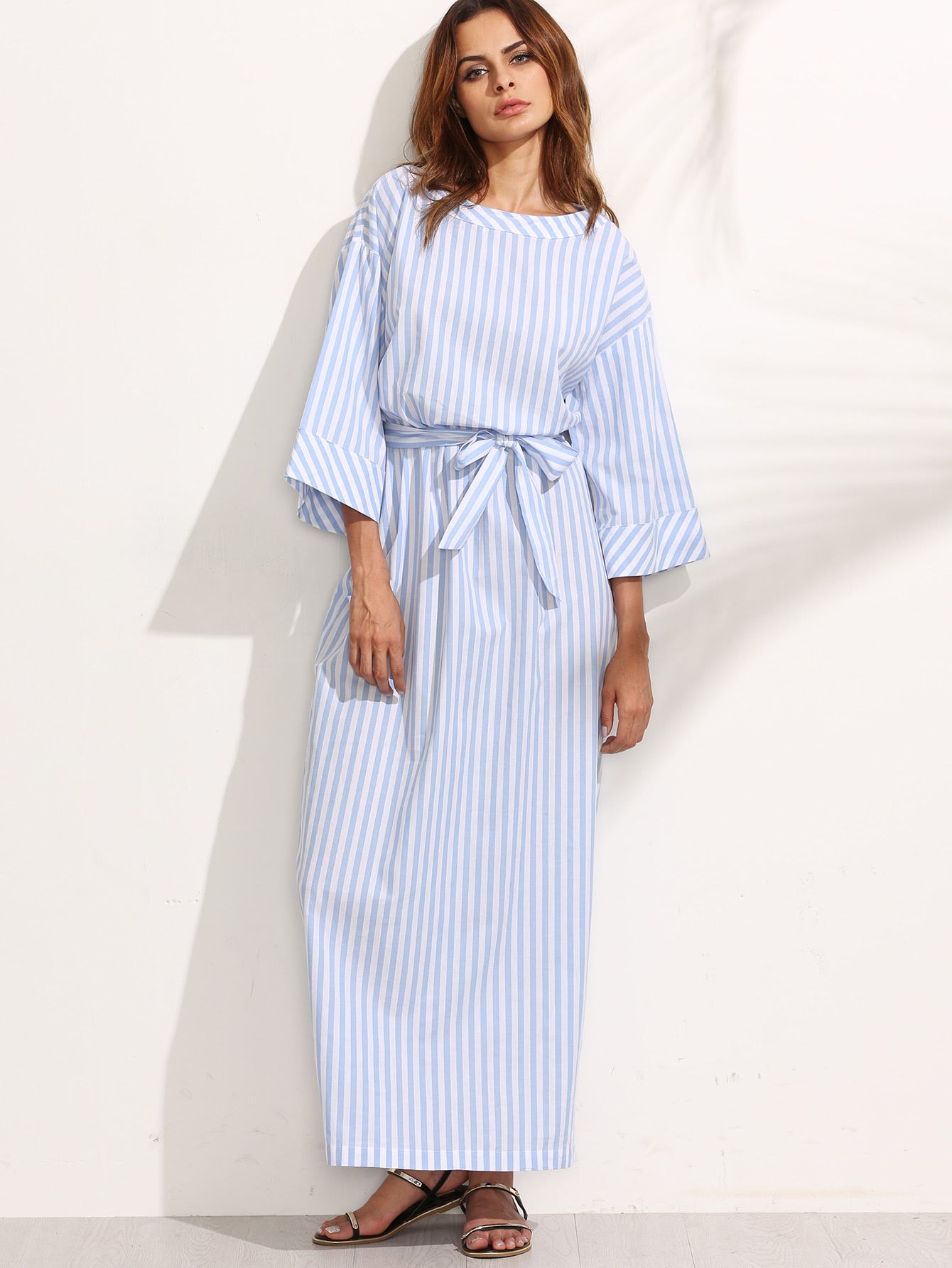 Blue Striped Bow Waist Maxi Dress | SHEIN