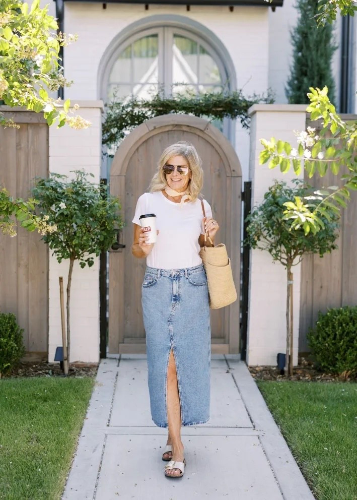 Chic spring style. How to style a denim midi skirt  

#LTKOver40 #LTKootd #LTKSeasonal