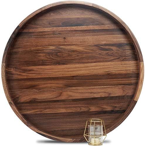 MAGIGO 24 Inches Extra Large Round Black Walnut Wood Ottoman Tray with Handles, Serve Tea, Coffee... | Amazon (US)
