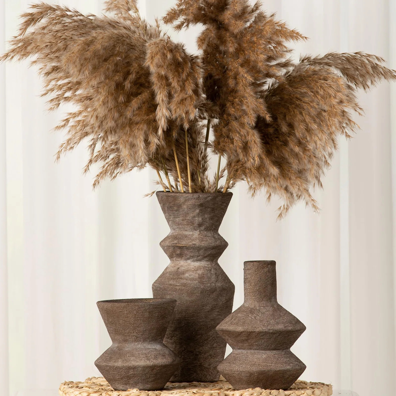 Set Of 3 Brown Ceramic Vases, Farmhouse Modern Flower Vases For Living Room Table Decor, Rustic C... | Wayfair North America