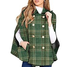 MISUMALLS Womens Plaid Poncho Turn Down Collar Double Breasted Button Down Cape Coat with Pockets | Amazon (US)