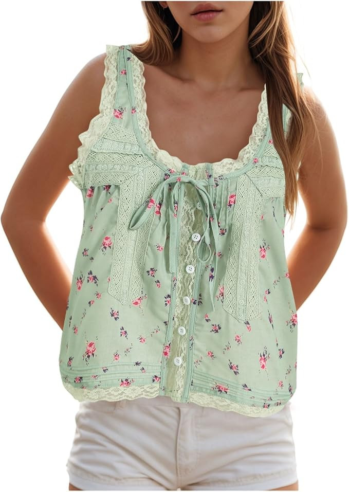 Women's 2025 Y2K Boho Tie Front Tank Top,Lace Trim Summer Beach Crop Top with Button Down Cardiga... | Amazon (US)
