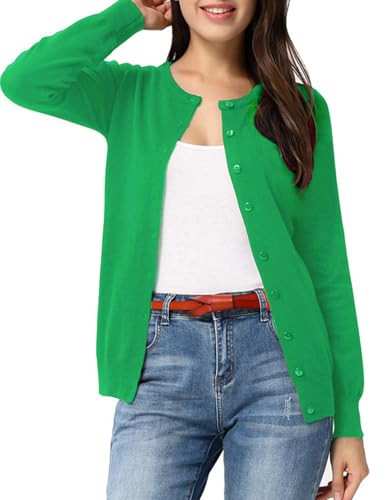 GRACE KARIN Women's Crewneck Button Down Cardigan Classic Lightweight Knit Soft Long Sleeve Cardigan Sweaters M Green | Amazon (US)