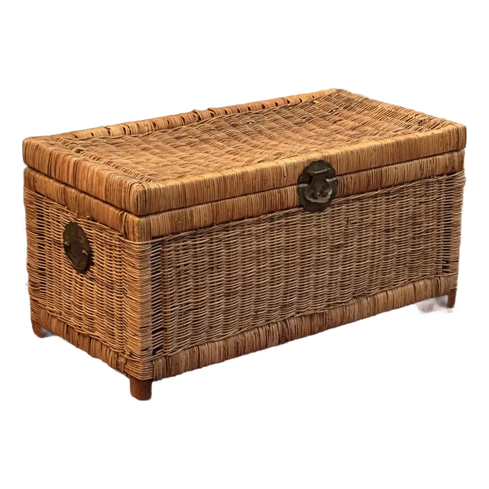 Mid-20th Century Petite Wicker Chinoiserie Storage Chest | Chairish