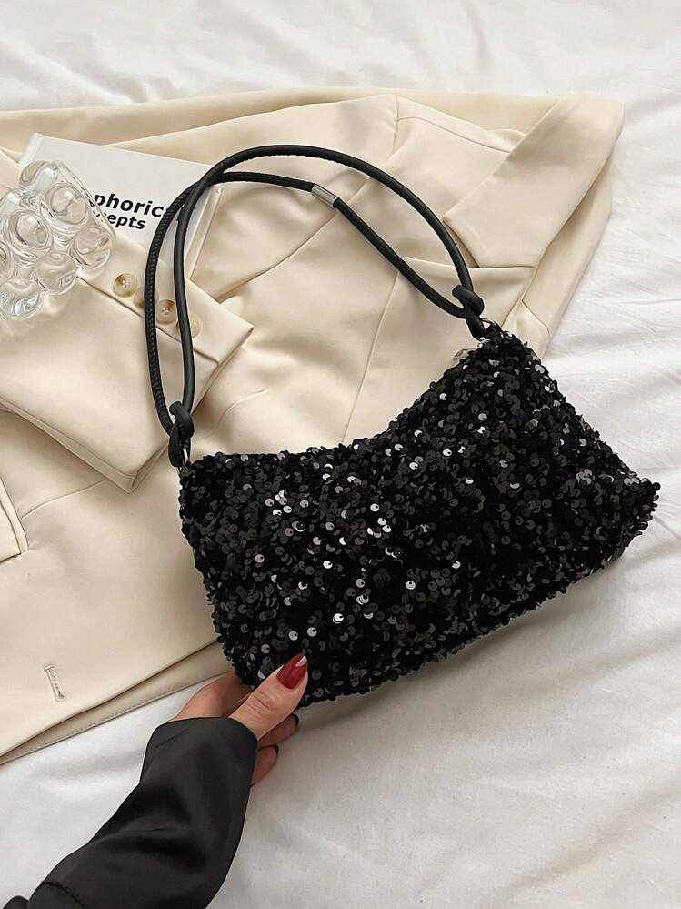 Modische Schwarz Tragetasche Mit Pailletten Dekoriert, Neue Lässige Schultertasche Für Damen, Vielseitiger Weißer Rucksack | SHEIN