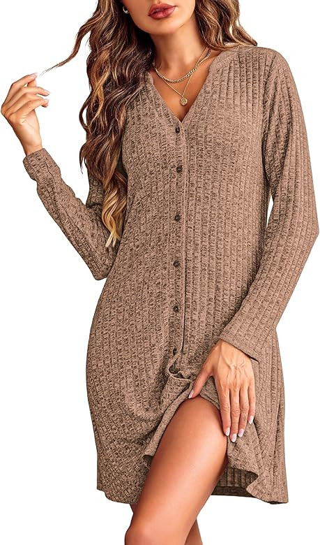 Ekouaer Nightgowns for Women Button Down Night Shirt Long Sleeve Ribbed Knit V-Neck Sleepwear Paj... | Amazon (US)