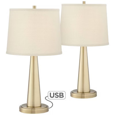 360 Lighting Modern Table Lamps 25" High Set of 2 with USB Charging Port Brass Metal Beige Drum Shade for Bedroom Living Room House Desk Bedside Home | Target