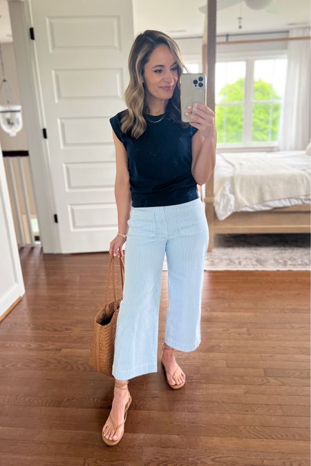 A cropped top, especially one like this one with a cinched waist works well with these pants! 

Top: xxs 
Pants: petite 00 size down, they stretch with wear 
Sandals: size up if in between sizes 

#LTKxMadewell #LTKSeasonal