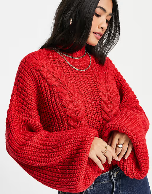 Vero Moda wool chunky knit sweater with high neck and balloon sleeve in red | ASOS (Global)