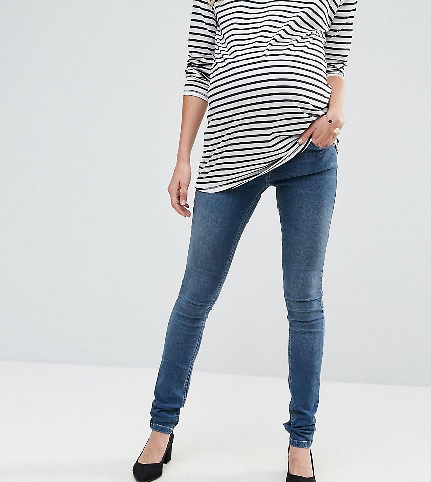 ASOS Maternity TALL Ridley Skinny Jean In Midwash With Over The Bump Waistband - Blue | ASOS US