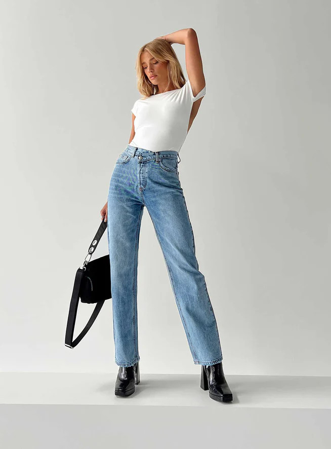 Holly Asymmetric Straight Leg Jean Light Wash Denim Lower Impact | Princess Polly US