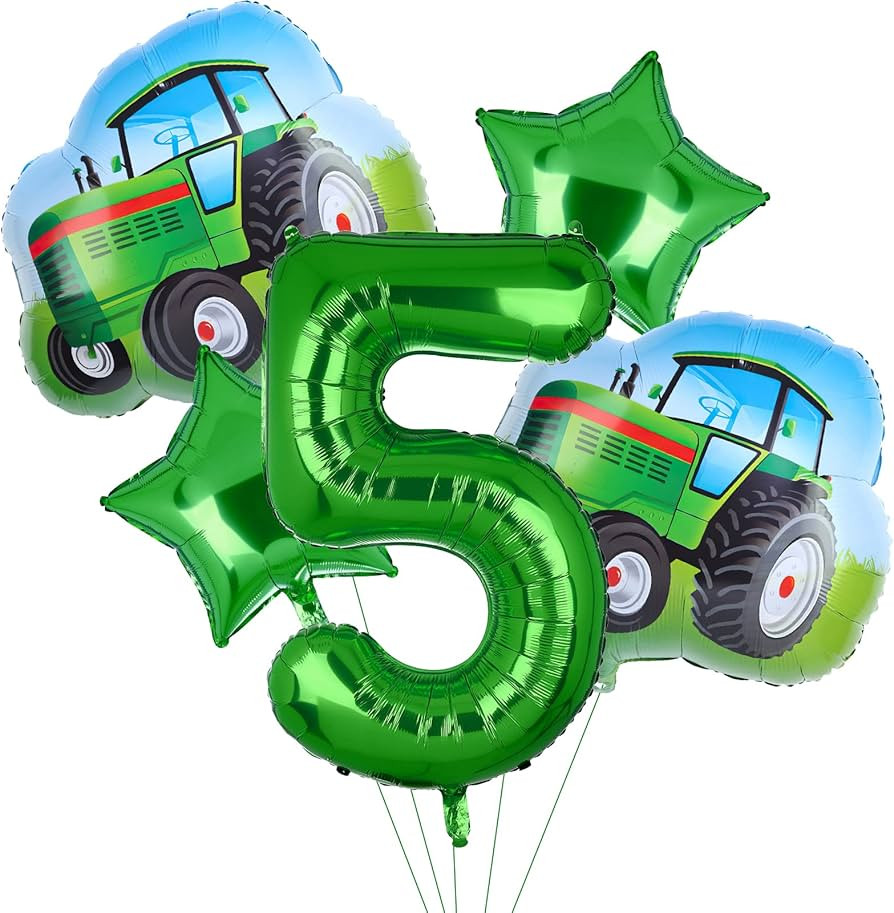 5Pcs Tractor Balloons, Green Tractor Birthday Number Mylar Foil Balloon Farm Theme 5th Birthday P... | Amazon (US)