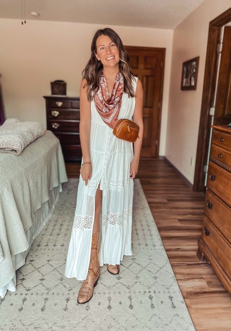Country concert outfit idea #2!

A white dress, boots, a matching bag, & silk scarf! My dress is size medium (I own the red color too!). 

My boots are a thrifted eBay find so I linked similar (but def check second hand sites for great boots at cheaper prices!)

#LTKFindsUnder100 #LTKStyleTip #LTKSeasonal