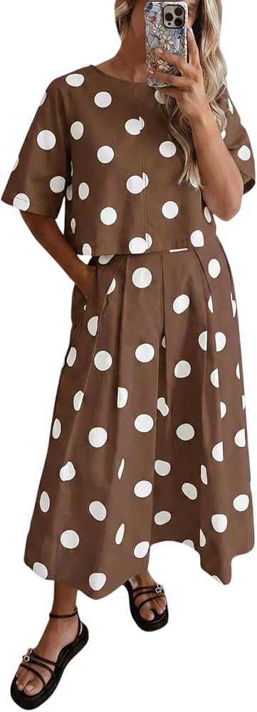 Tankaneo Womens Polka Dot 2 Piece Skirt Sets Summer Tie Back Tops Pleated Maxi Skirts Matching Se... | Amazon (US)